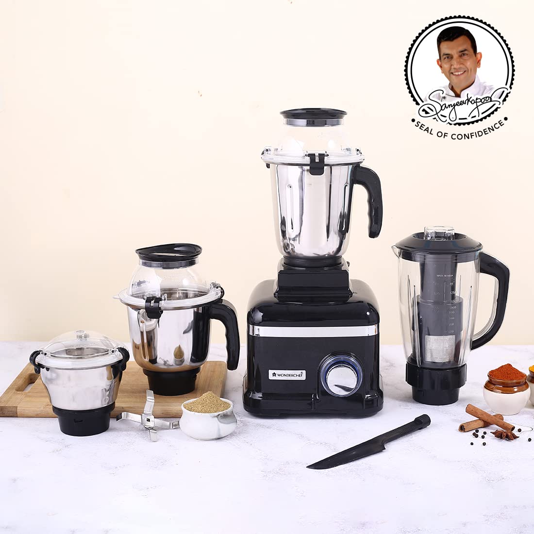 Wonderchef Sumo Black DLX Mixer Grinder with 4 Stainless Steel Jars, 1000 Watts, 5 Years Warranty
