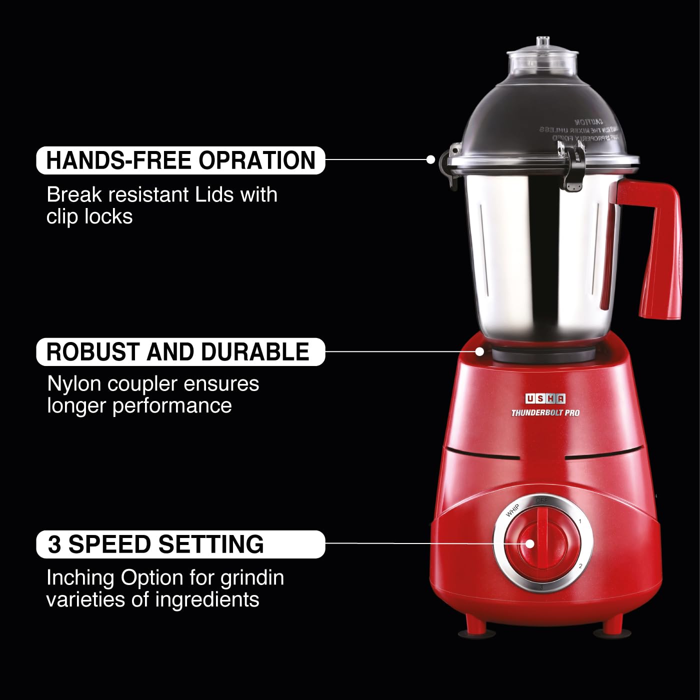 USHA Thunderbolt Pro 1000W with 3 Jars, 100% Copper Ball-Bearing Motor, Handsfree operation, 3 Jars, 3-Speed Setting with Inching option, 5 Years Warranty on Motor (Red)