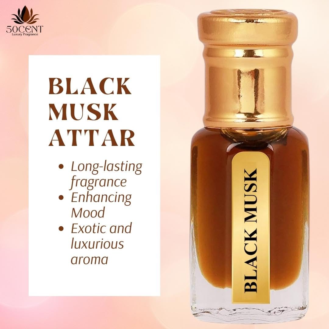 50CENTS Luxury Black Musk Attar Perfume Oil 6ml, Natural Premium Alcohol-Free Scent, Unisex Travel Friendly Pocket Perfumes, Long Lasting Fragrance, Roll On Attars for Men and Women