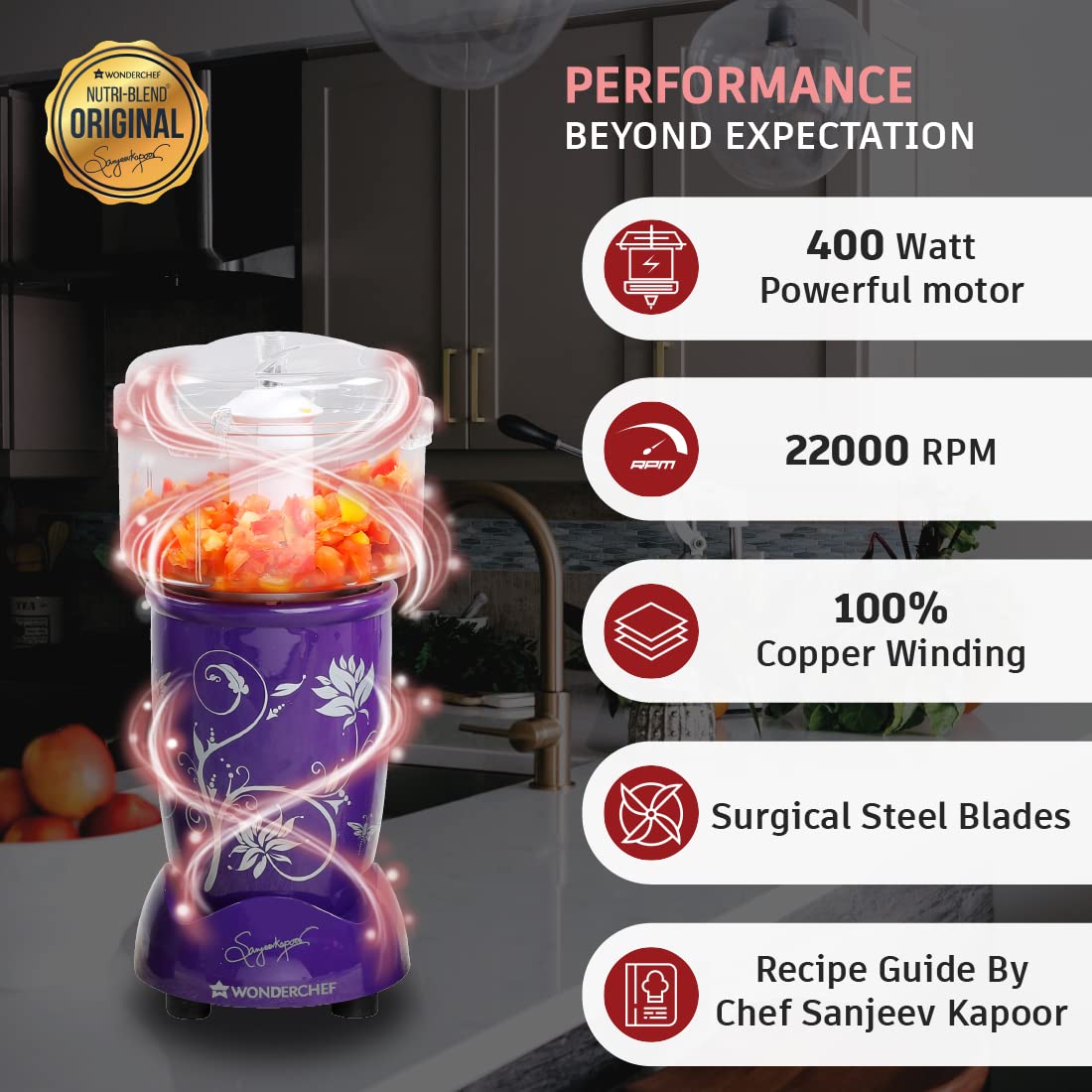 Wonderchef Nutri-Blend Juicer, Mixer, Grinder & Chopper|Complete Kitchen Machine|400W 100% Full Copper Motor|4 Unbreakable Jars|2 Years Warranty|Recipe Book by Chef Sanjeev Kapoor|Purple
