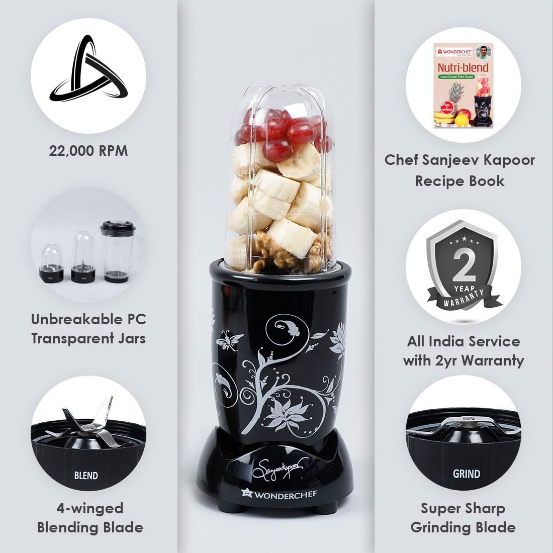 Wonderchef Nutri-blend Juicer, Mixer, Grinder, Blender & Smoothie Maker | 22000 RPM, 500W |100% Full Copper Motor | 3 unbreakable jars | 2 Years warranty | Recipe book by Chef Sanjeev Kapoor | Black
