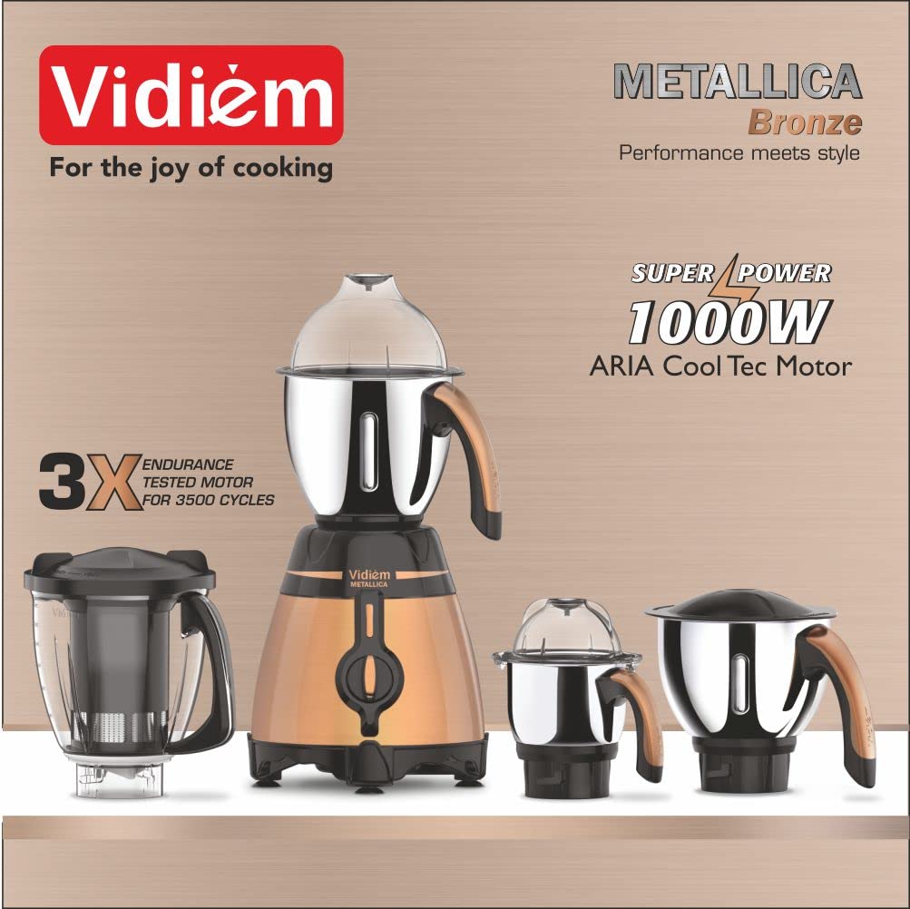 Vidiem 649 A Metallica Bronze|Mixer Grinder 1000 Watt with 3 Jars & 1 Juicer |4 Leakproof Jars withself-Lock for Wet & Dry Spices, Chutneys|5 Years Warranty