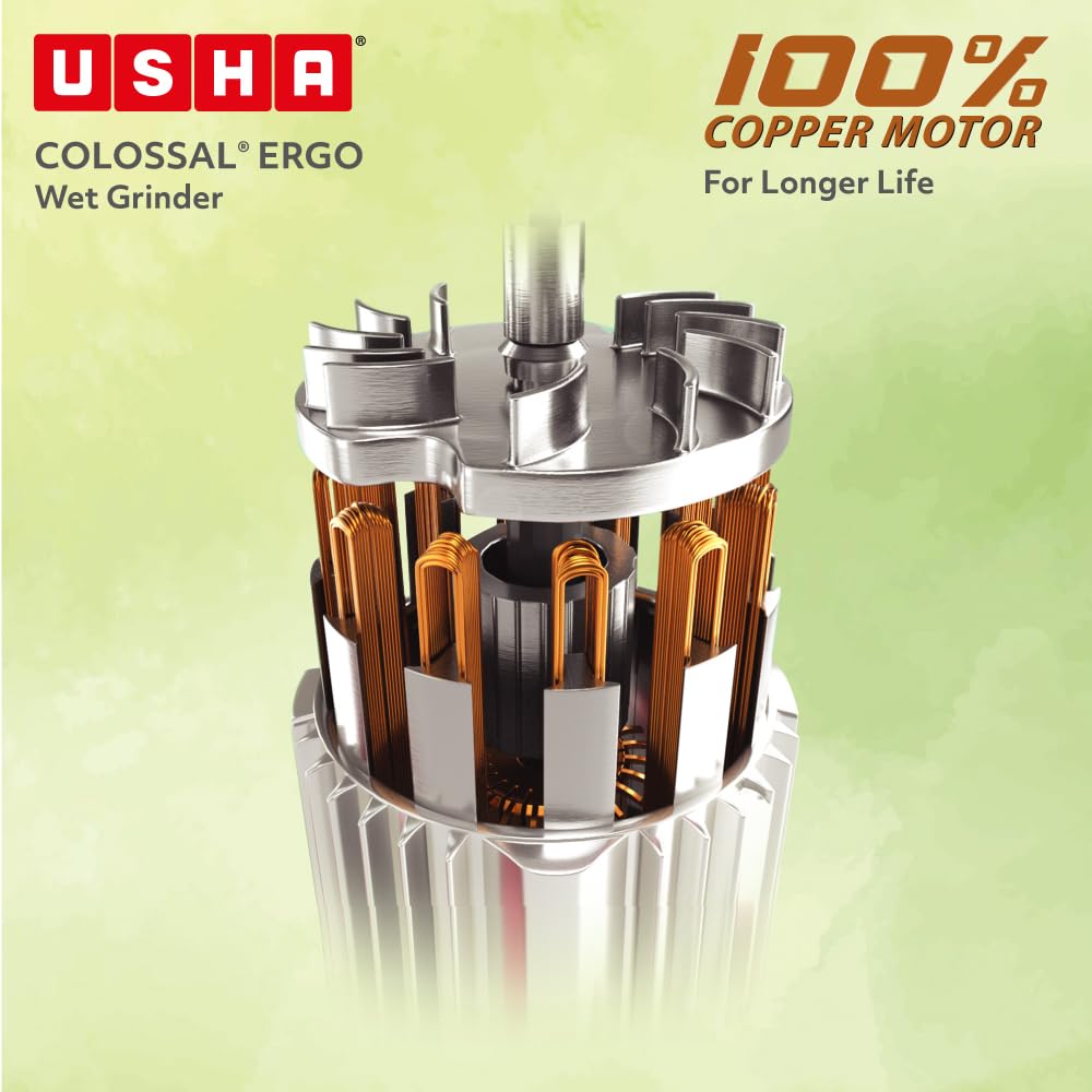 USHA Colossal Ergo Easy-Tilt Wet Grinder| 2L, 150W, 100% Copper Motor with Dual Flow Breaker, Stainless Steel Drum and Accessories| 10 Year Motor Warranty (Magenta)