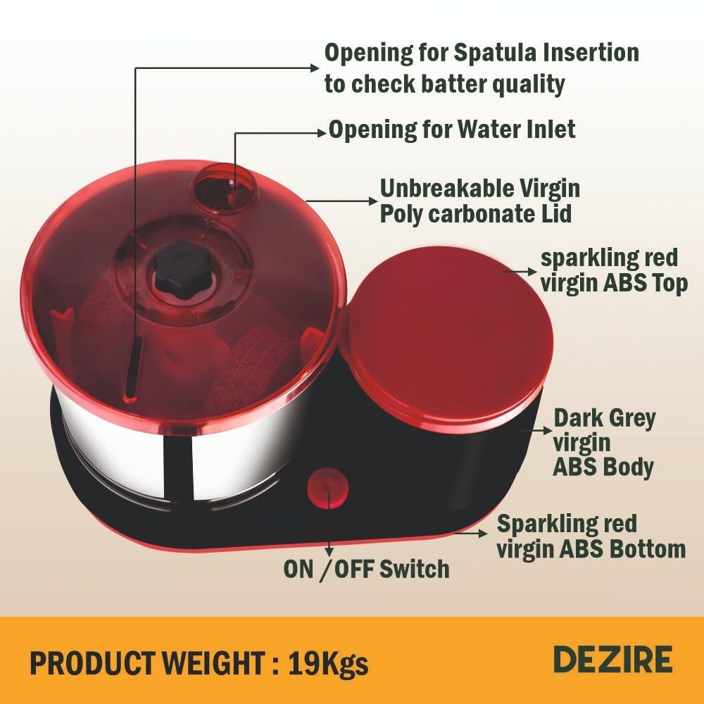 VIJAYALAKSHMI | Dezire 2 Litre | Heavy ABS Body Wet Grinder, 2L (Black & Red) | with Coconut Scrapper & Atta Kneader Attachment.