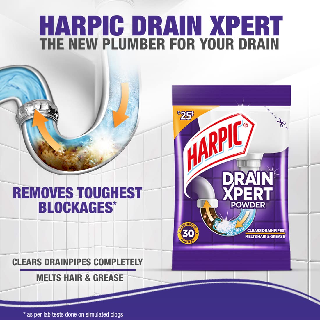 Harpic Flushmatic In-Cistern Toilet Cleaner Blocks, Lavender - 150 g & Harpic Drain Xpert Drain Cleaner Powder (50g x 8) | Effective Sink Cleaner, Drain Blockage Remover, Drain Pipe Cleaner
