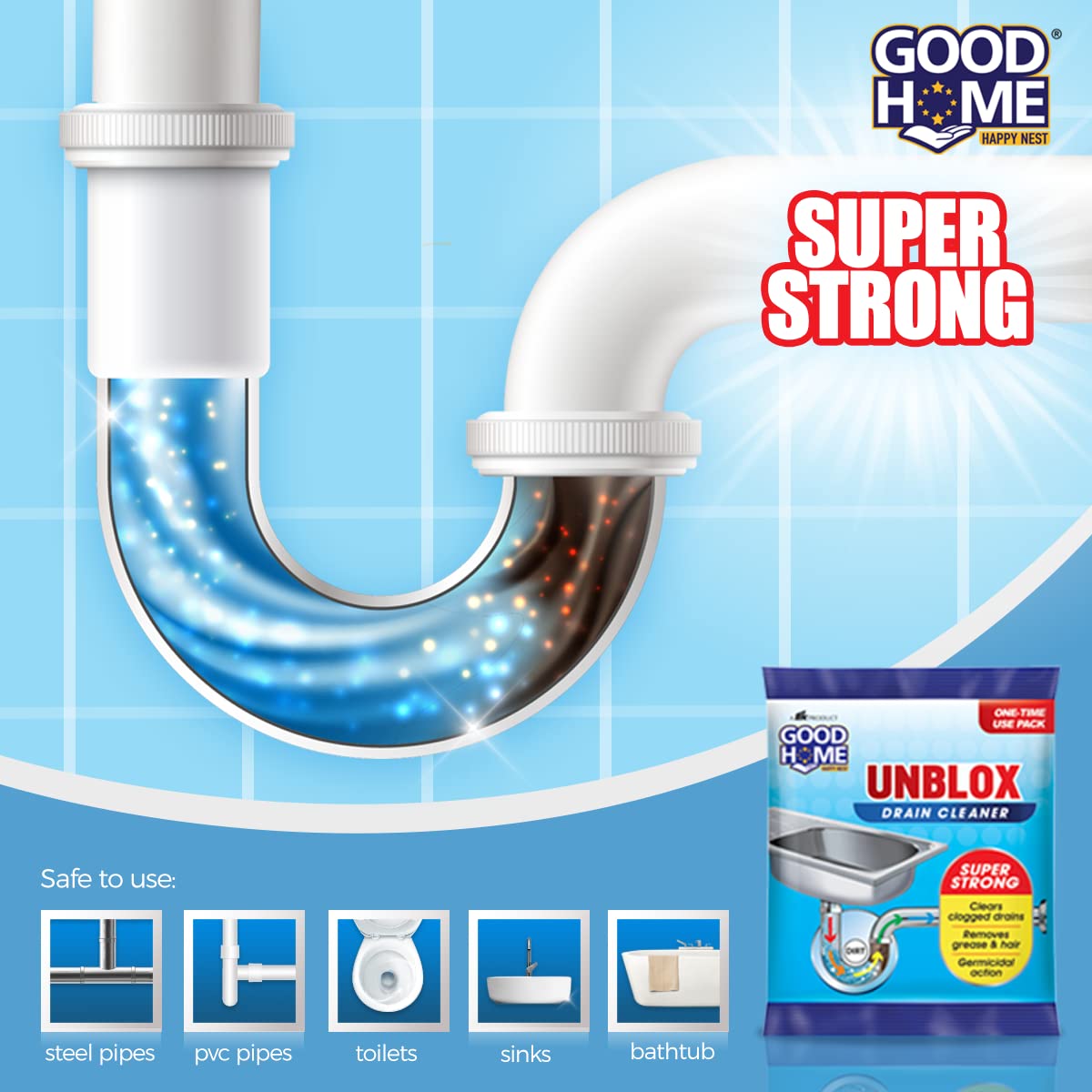 Good Home Unblox Drain Cleaner Effective Sink Cleaner, Drain Blockage Remover, Drain Pipe Cleaner(Pack of 8)