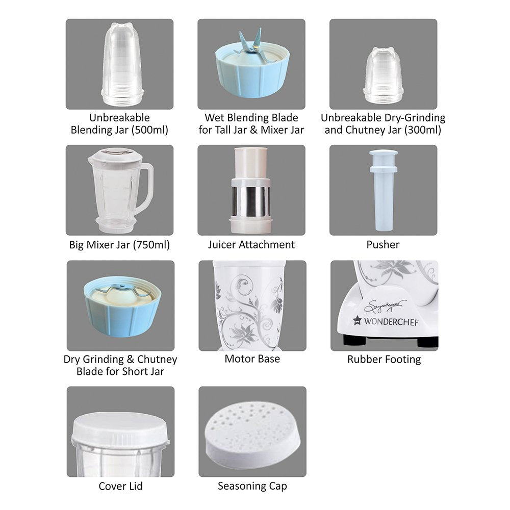 Wonderchef Nutri-Blend Juicer, Mixer, Grinder & Chopper|400W 100% Full Copper Motor|Complete Kitchen Machine|4 Unbreakable Jars|2 Years Warranty|Recipe Book by Chef Sanjeev Kapoor|White