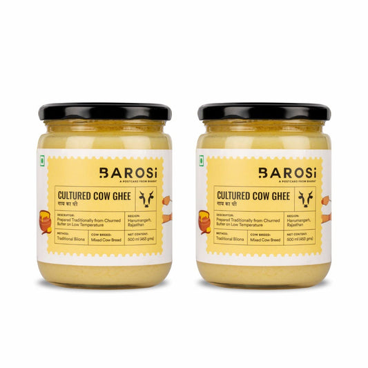 Barosi Premium Cultured Desi Cow Ghee 1 Litre (Combo Pack of 2 * 500ml) | Vedic Bilona Method | Churned from Curd | Pure & Natural | Farm Made in Small Batches | Glass Jar Packing
