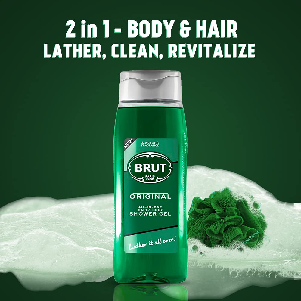 2x Brut Original ALL-IN-ONE Shower gel for Hair & Body | Body Wash for Men| Authentic Fragrance 500ml each - Pack of 2