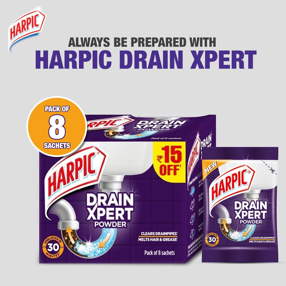Harpic DrainXpert Drain Cleaning Powder (50g x 8) | Removes Blockages in Pipes, Sinks & Septic Tanks| Works within 30 minutes | Melts Grease & Dissolves Hair (Pack of 2)