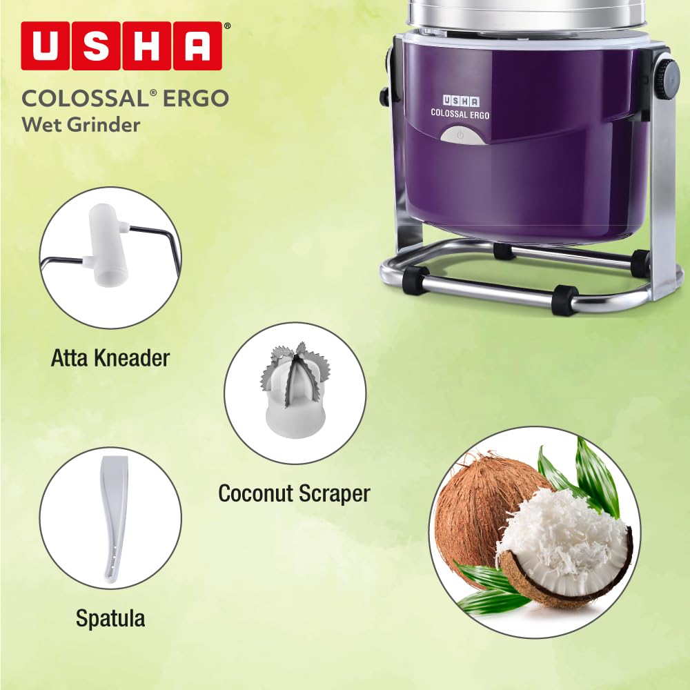 USHA Colossal Ergo Easy-Tilt Wet Grinder| 2L, 150W, 100% Copper Motor with Dual Flow Breaker, Stainless Steel Drum and Accessories| 10 Year Motor Warranty (Magenta)