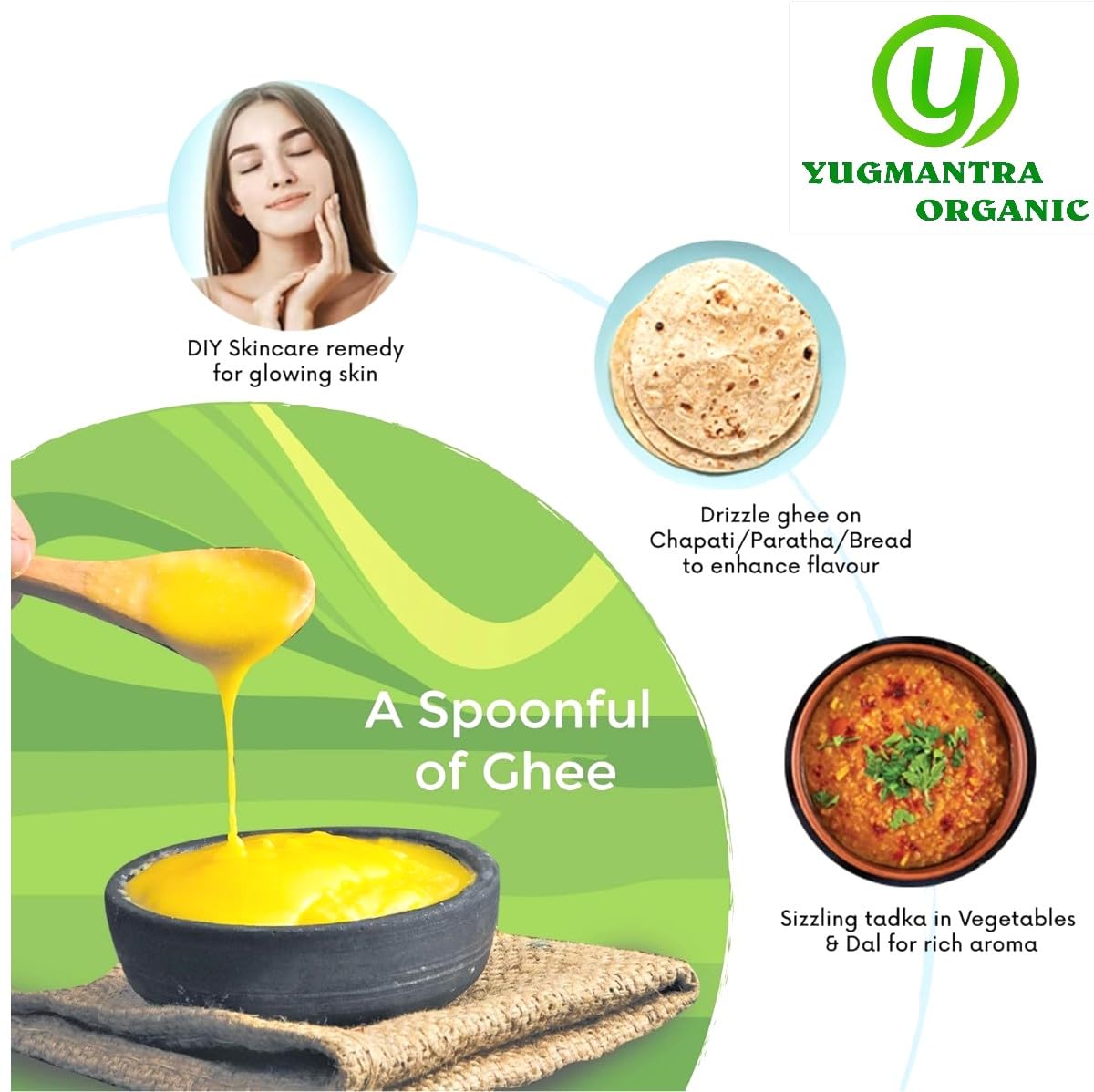 Yugmantra Organic Foods -100 % Natural Pure & Aromatic Desi Sahiwal Cow Ghee -Traditional Churned With Bilona Method|No Added Additives|A2 Danedar Desi Ghee|Immunity Booster - Glass Bottle - 1000 Ml