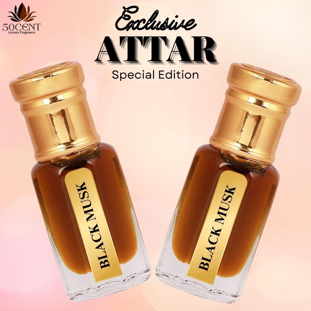 50CENTS Luxury Black Musk Attar Perfume Oil 6ml, Natural Premium Alcohol-Free Scent, Unisex Travel Friendly Pocket Perfumes, Long Lasting Fragrance, Roll On Attars for Men and Women