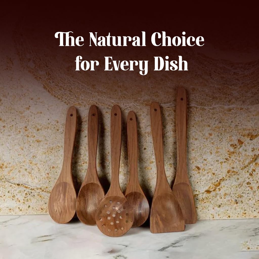 Uttam Essentials Wooden Cooking Utensil Set Non-Stick Pan Kitchen Tool Wooden Cooking Spoons and Spatulas Wooden Spoons for Cooking Salad Fork Cooking Spoon (Set of 6)