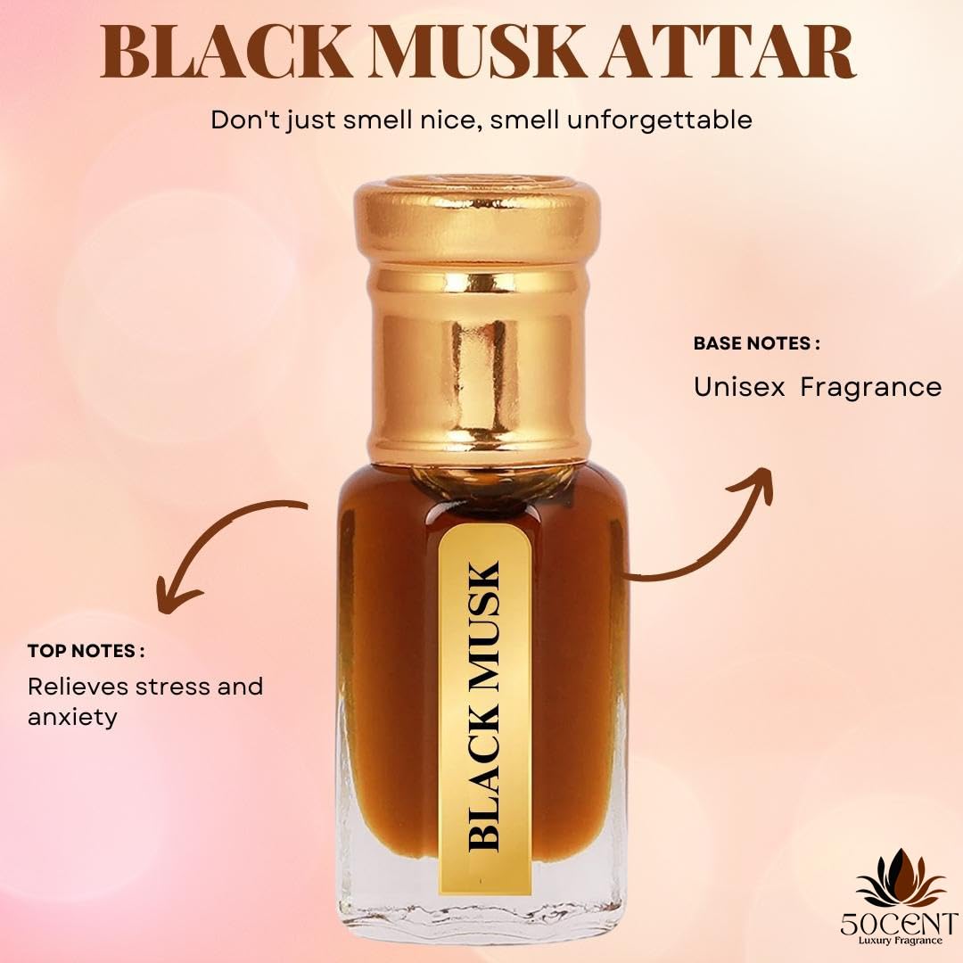50CENTS Luxury Black Musk Attar Perfume Oil 6ml, Natural Premium Alcohol-Free Scent, Unisex Travel Friendly Pocket Perfumes, Long Lasting Fragrance, Roll On Attars for Men and Women
