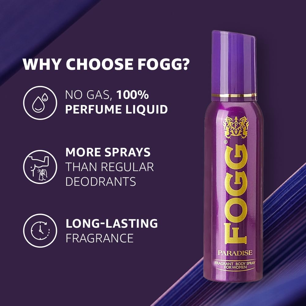 4x Fogg Paradise No Gas Deodorant for Women, Long-Lasting Perfume Body Spray, 150 ml each - Pack of 4
