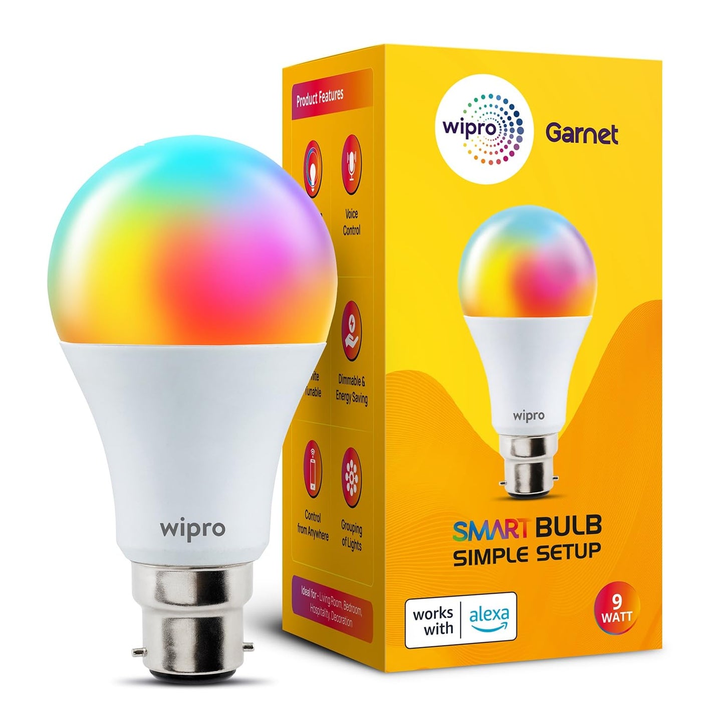 Wipro Garnet Simple Setup 9W Led Smart Bulb | Simple Setup With Amazon Alexa | Dynamic Colours, White Tunable, Dimmable | No Hub Required | Compatible With Alexa Only | Pack Of 1 - B22D