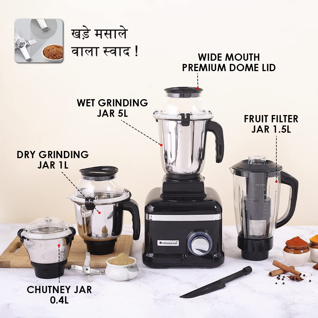 Wonderchef Sumo Black DLX Mixer Grinder with 4 Stainless Steel Jars, 1000 Watts, 5 Years Warranty