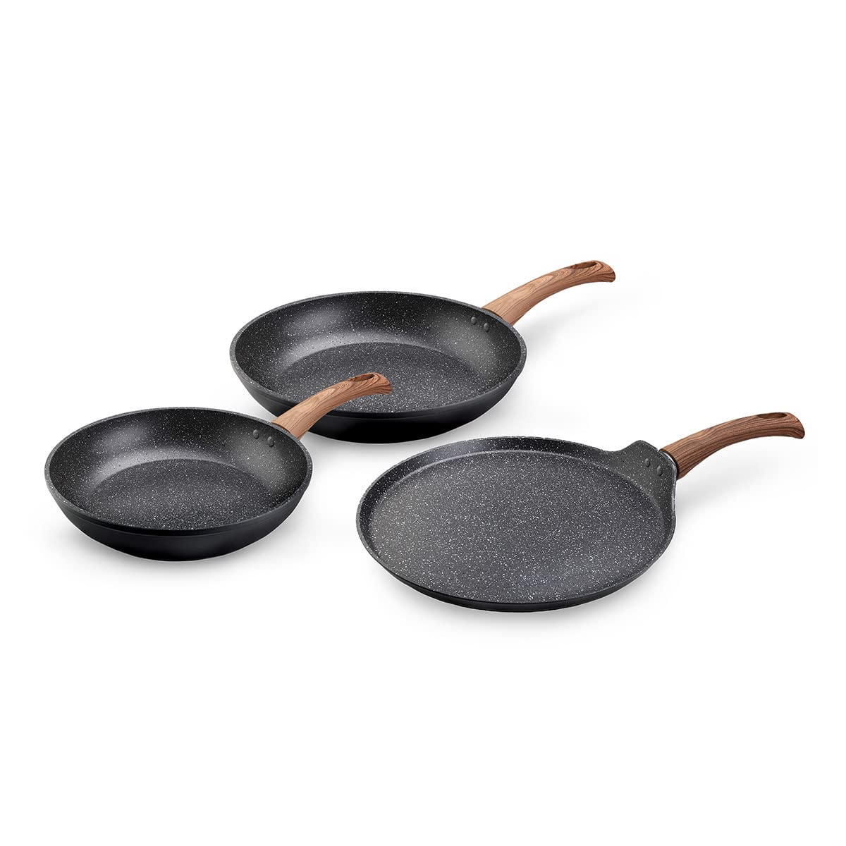 Westinghouse Grey Marble Series Forged Aluminum Cookware Set (3 Pieces) - 1 Frying Pan 26 cm + 1 Frying Pan 20 cm + 1 Crepe 28 cm | with Wooden Handle WCCS003203AMBB