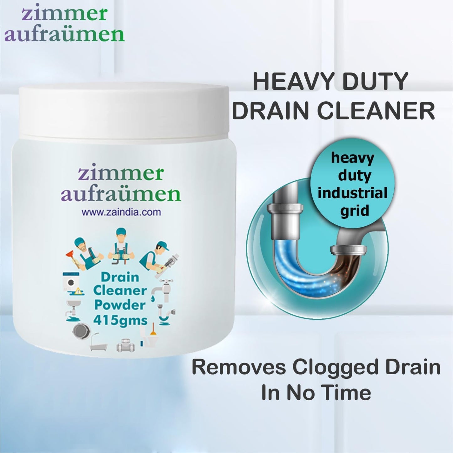 Zimmer Aufraumen 450gms Heavy Duty Drain Cleaner & Blockage Opener Powder. Opens Clogs. Dissolves Hair, Accumulated Soap Scum & Dirt. Biodegradable. Economical.