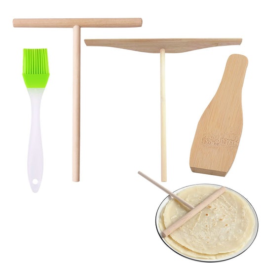 4 Pcs Crepe Spreader Stick and Spatula Kit with Random Color Oil Brush for Fit Large Crepe Pan Maker