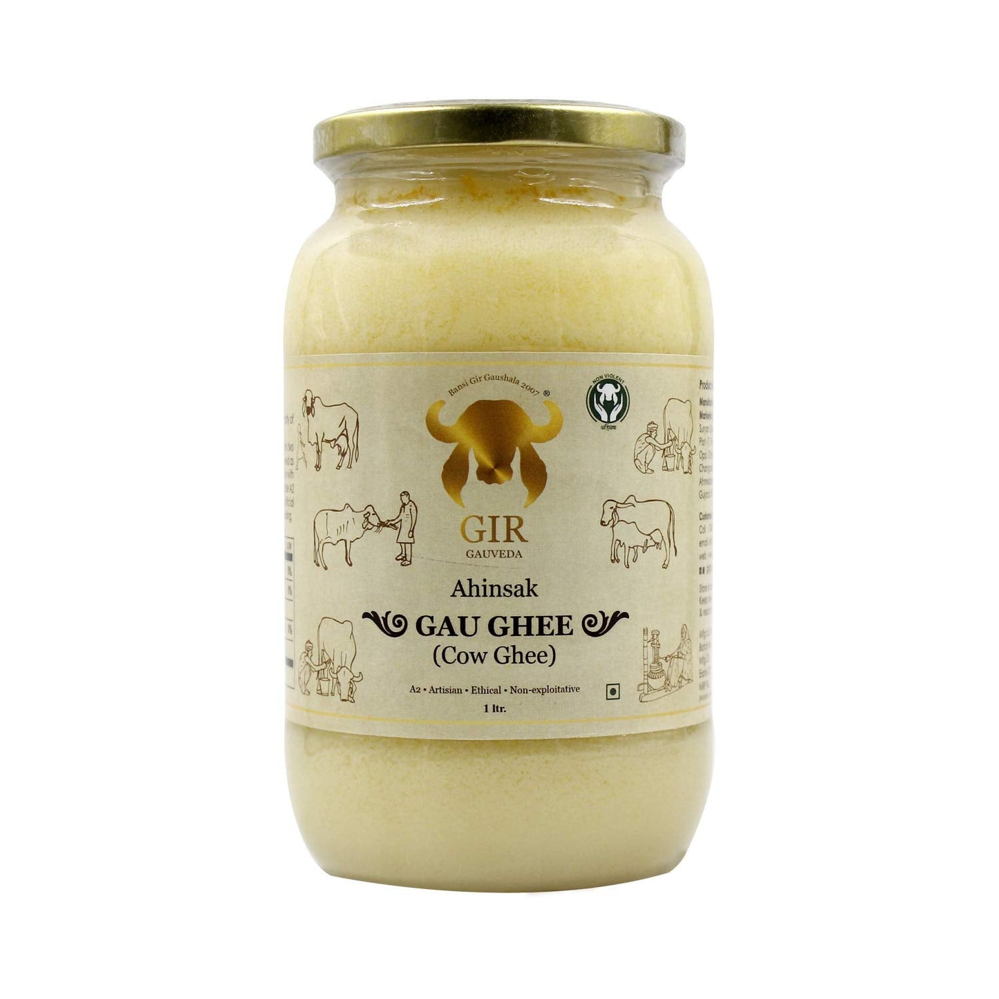 Gir Ahinsak Gau Ghee – Vedic, Ethical, Desi Pure Breed Gir Gaumata (A2), Bilona, Grass-Fed, non-GMO – Good for Health, 1 liter