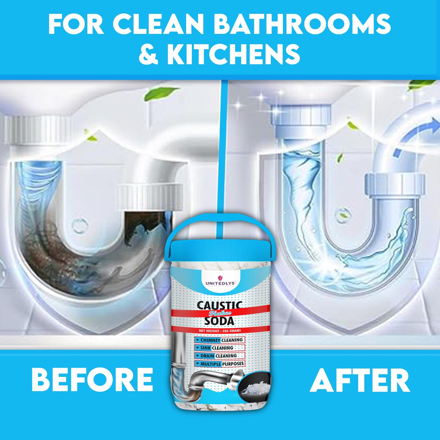Unitedlys® Caustic Soda Drainage Block Remover 350G | Fast-Acting, Non-Toxic & Odorless Drain Cleaner Powder | Caustic Soda for Drain Cleaning | Sink Cleaner, Drain Pipe Cleaner & Drainage Cleaner