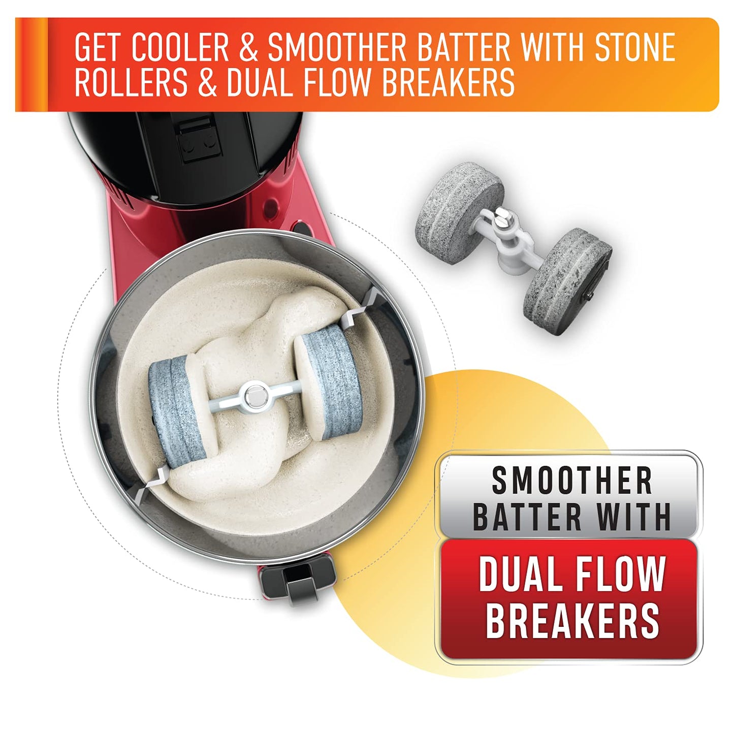 USHA Colossal DLX Wet Grinder 150 W, 2 LTR, 100% Copper Motor and Dual Flow Breakers for Faster, Smooth Batter with Atta Kneader and Coconut Scrapper (Red)