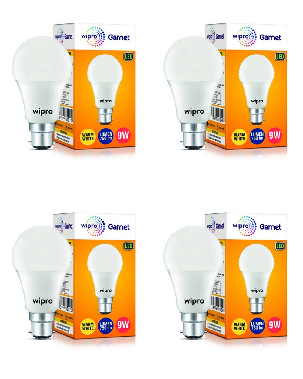 wipro Garnet 9W LED Bulb for Home & Office |Warm White (2700K) | B22 Base|220 degree Light coverage |4Kv Surge Protection |400V High Voltage Protection |Energy Efficient | Pack of 4