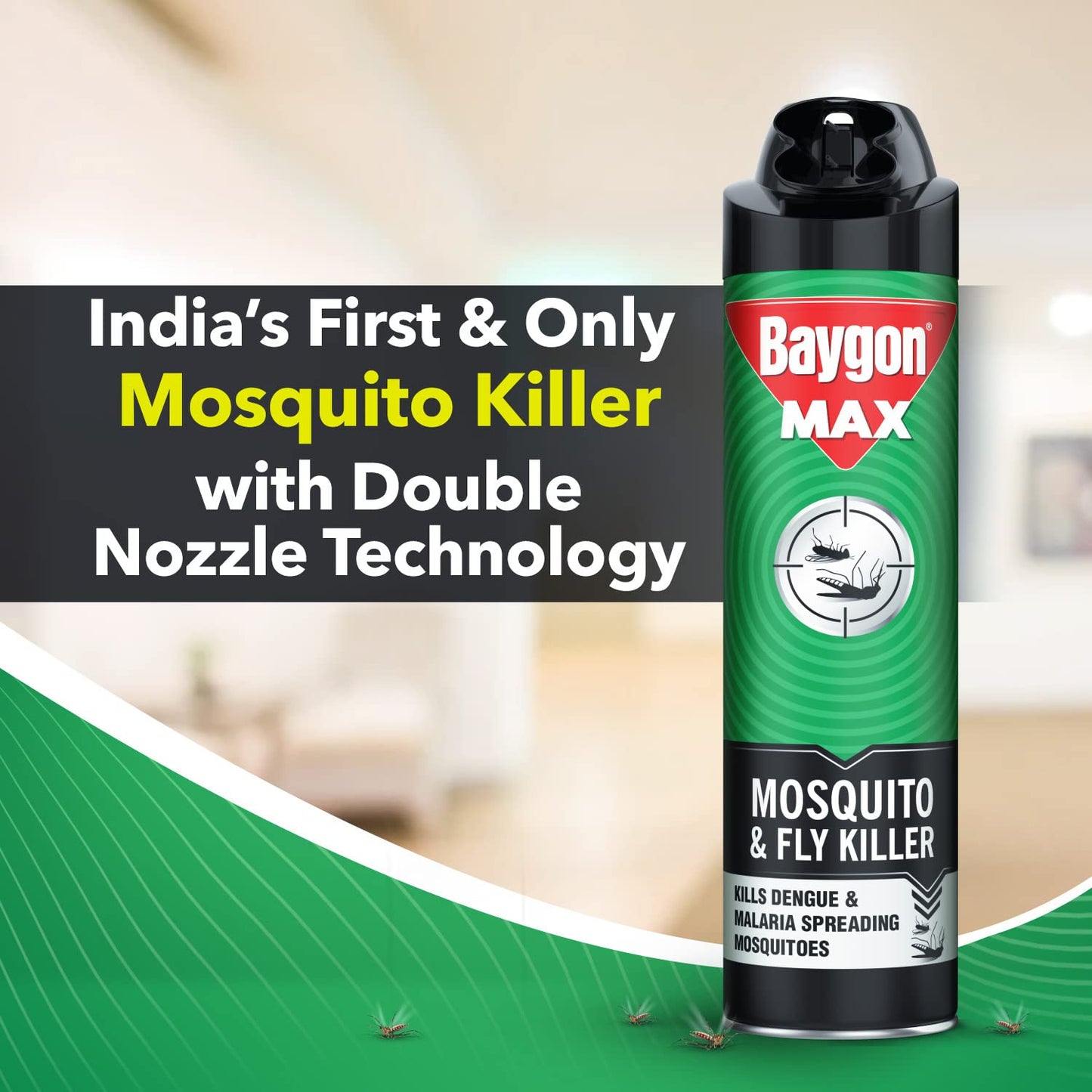 Baygon Max Mosquito and Fly Killer Spray, 625ml | Instant Mosquito Killer | Kills Dengue & Malaria Spreading Mosquitoes | With Double Nozzle Technology for 30% Wider Coverage