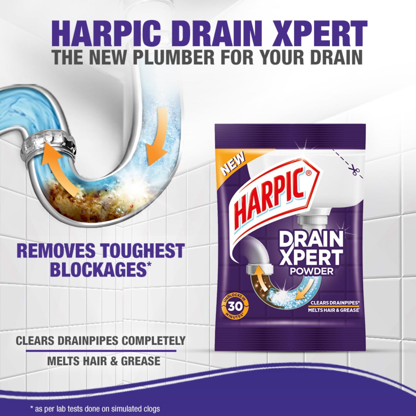 Harpic (50g x 8), DrainXpert Drain Cleaner Powder | Effective Sink Cleaner, Drain Blockage Remover, Drain Pipe Cleaner