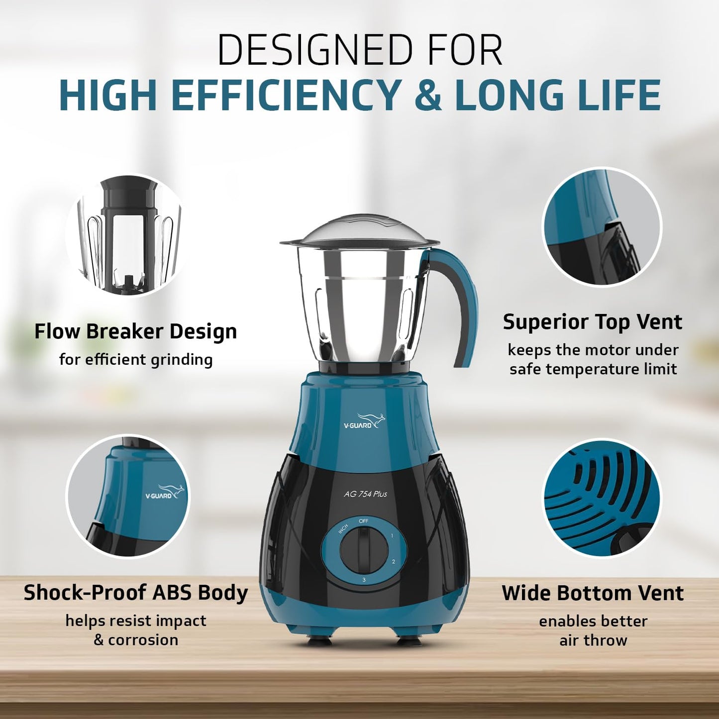 V-Guard AG 754 750 Watt Juicer Mixer Grinder, 3 Year Motor Warranty By V-Guard,4 Jars(Chutney, Dry, Wet & Juicer), Sturdy Juicer Jar with QuadraFlow Design, PrecisionBlend SS Blades, Blue-Black