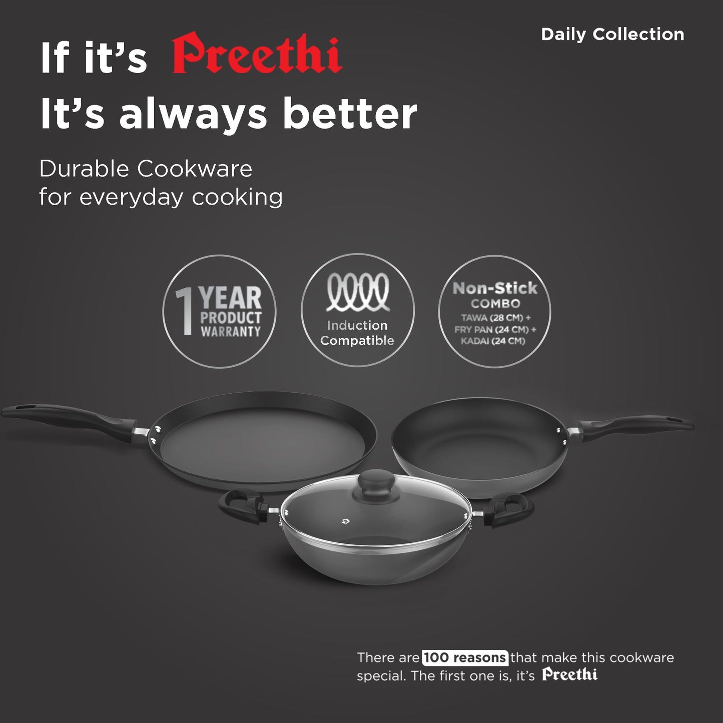 ‎Preethi Dura Collection Non Stick Set, 28 cm Tawa, 26 cm Frying Pan, 26 cm Kadai, with Glass Lid, Gas & Induction Compatible, 5 Star Non Stick Effect, Chilly Red