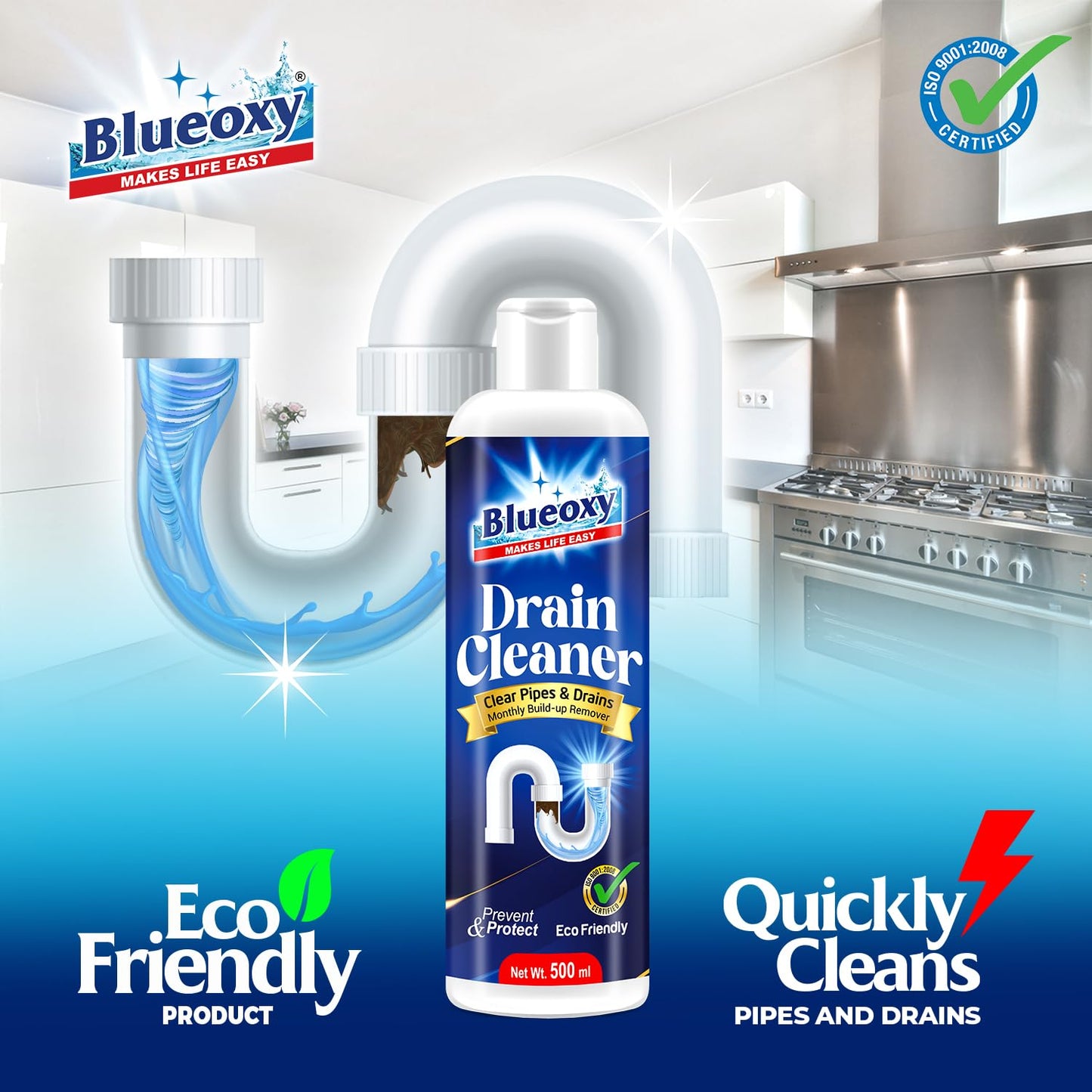 Blueoxy Drain Clog Remover Liquid | Used for Shower & Sink Drains & Pipes | Pure Gel Based | 500 Ml | Pack of 1