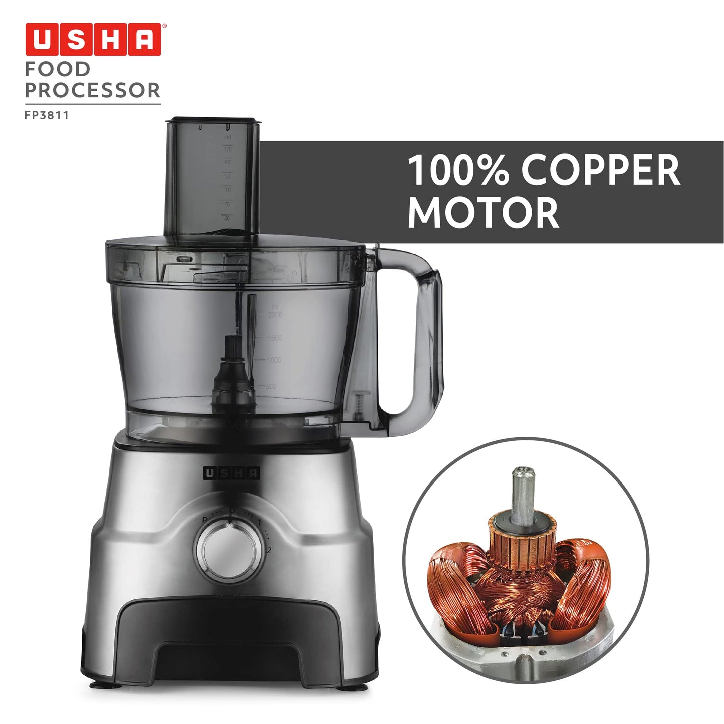 Usha FP 3811 Food Processor 1000 Watts Copper Motor with 13 Accessories(Premium SS Finish), Black and Steel