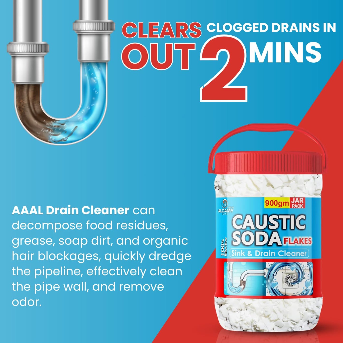 AAAL Caustic Soda Flakes 900gm (SUPER JAR PACK) Chimney Cleaner, Pure & Powerful Drain Cleaner