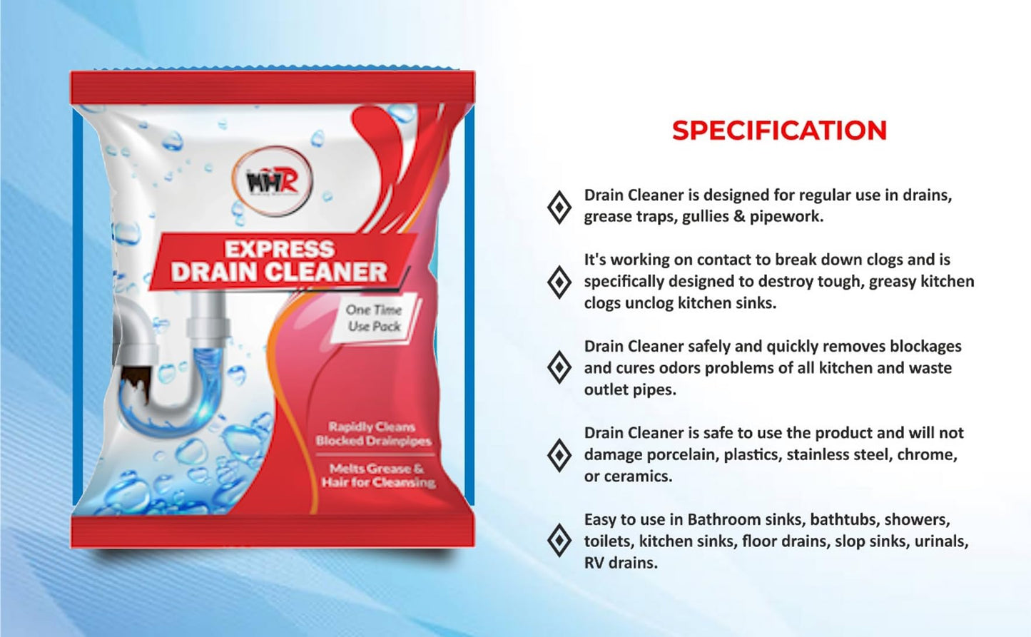 MMR Making Marvelous Drain-Insta All Pipe Safe Express Drain Cleaner powder Clear Clogged Sinks & Pipes (50gm, Pack Of 10)