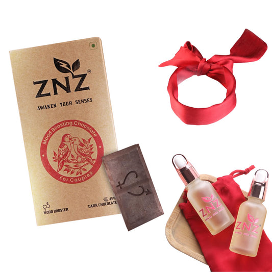 ZNZ Couple Chocolate Gift Set with Blindfold, Massage oil & Scented Flowers / Romantic Gift for Him and Her | Bliss box Chocolate Gift Hamper for Anniversaries, Birthday or Special Occasions/ Ideal for men and women
