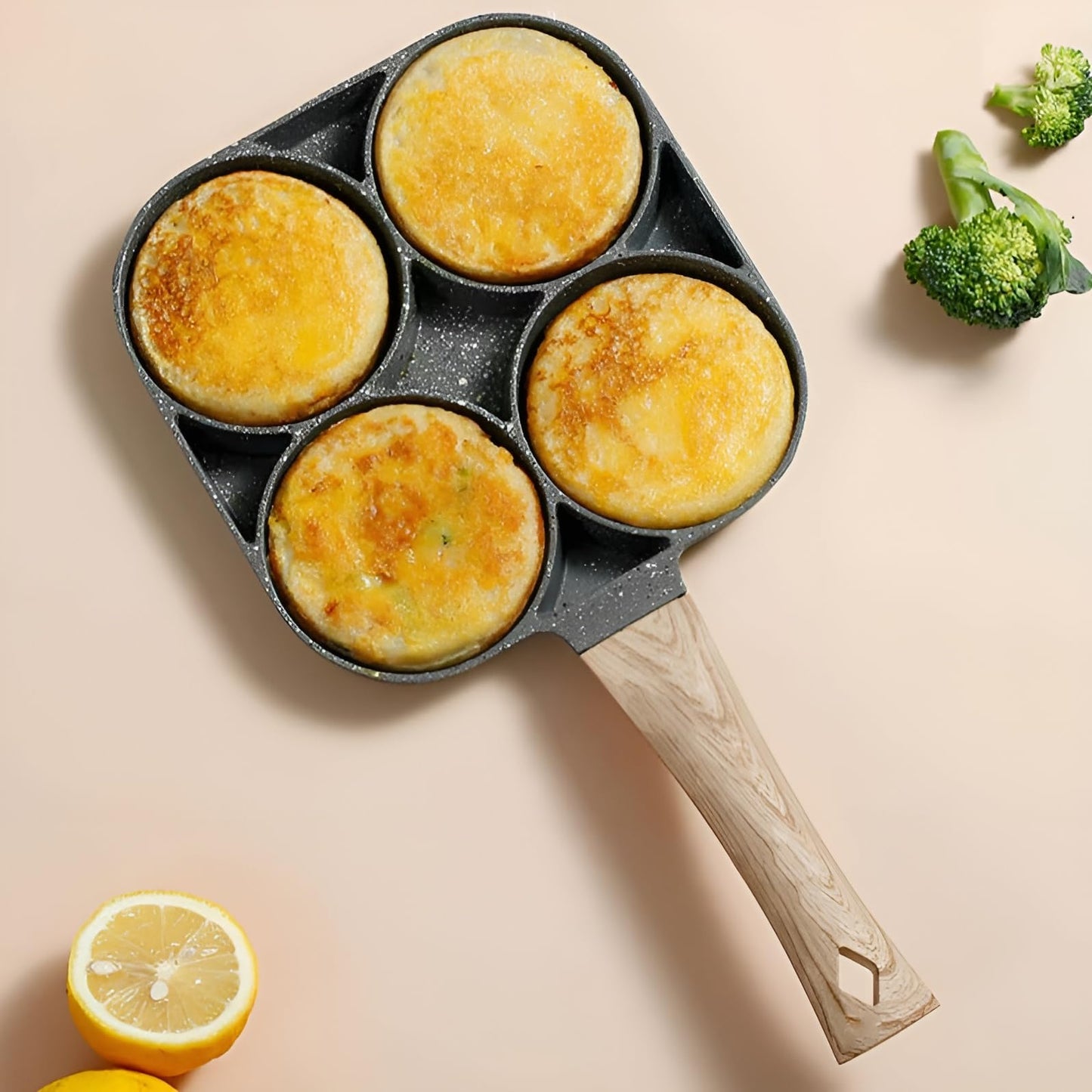 VDNSI Non Stick Frying Pan 4 Hole Ceramic Pan for Cooking Non Stick Egg Frying Pan with Wooden Handle Non Stick Omelette Pan Iron Cooking Pans for Kitchen (1pcs) (Black)