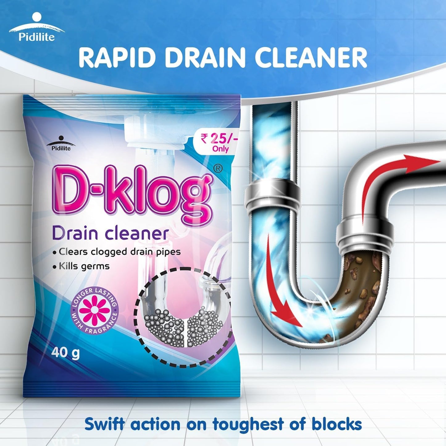 D-Klog Drain Cleaner Powder (40g x 8 Units), Removes Clogs, Blockages in Washbasin, Septic Tank, Sinks, Pipes within 30 mins.Drain expert | Sink cleaner| Toilet Cleaner | No manual hassle required