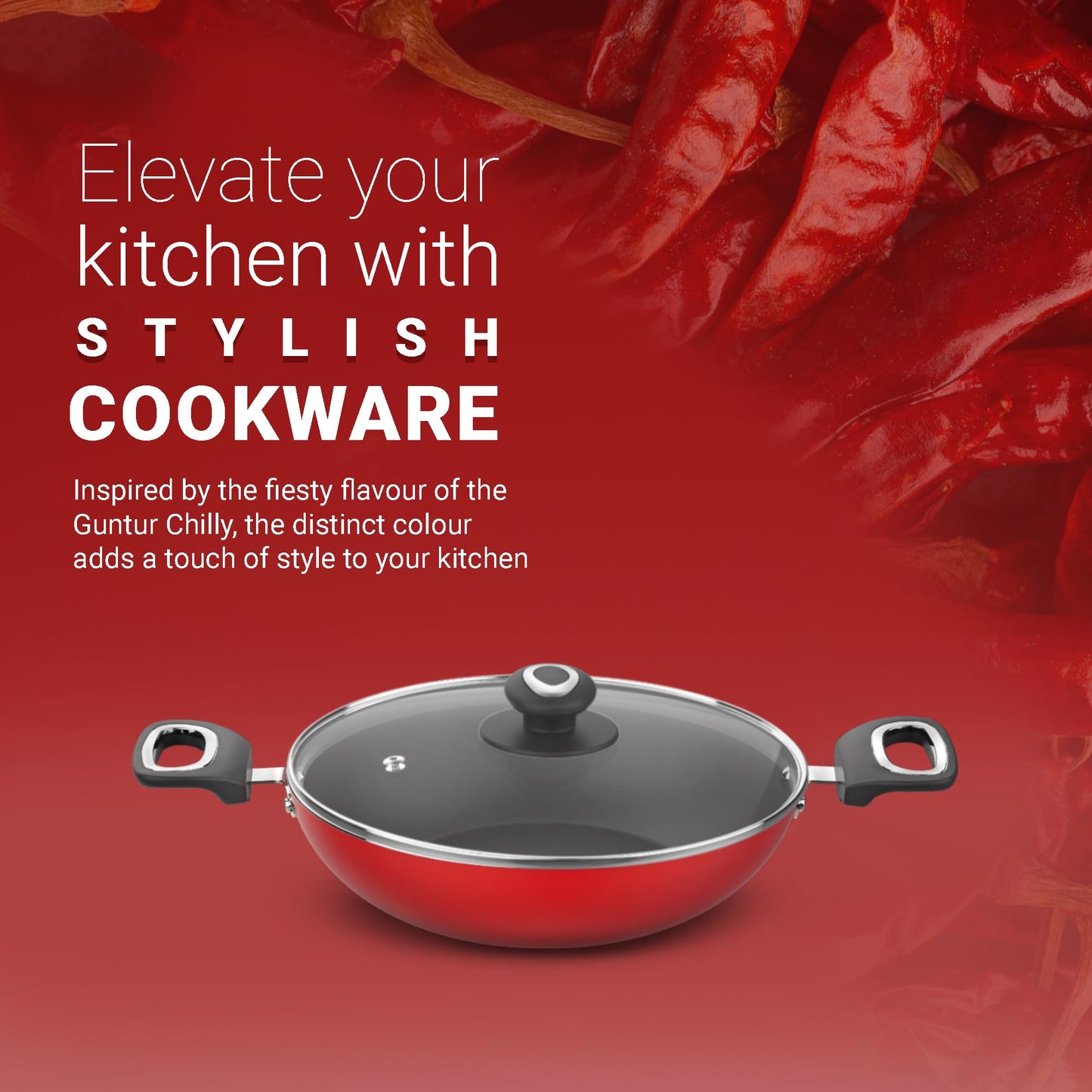 ‎Preethi Dura Collection Non Stick Kadai, 24 cm, with Glass Lid, Gas & Induction Compatible, 5 Star Non Stick Effect, Chilly Red