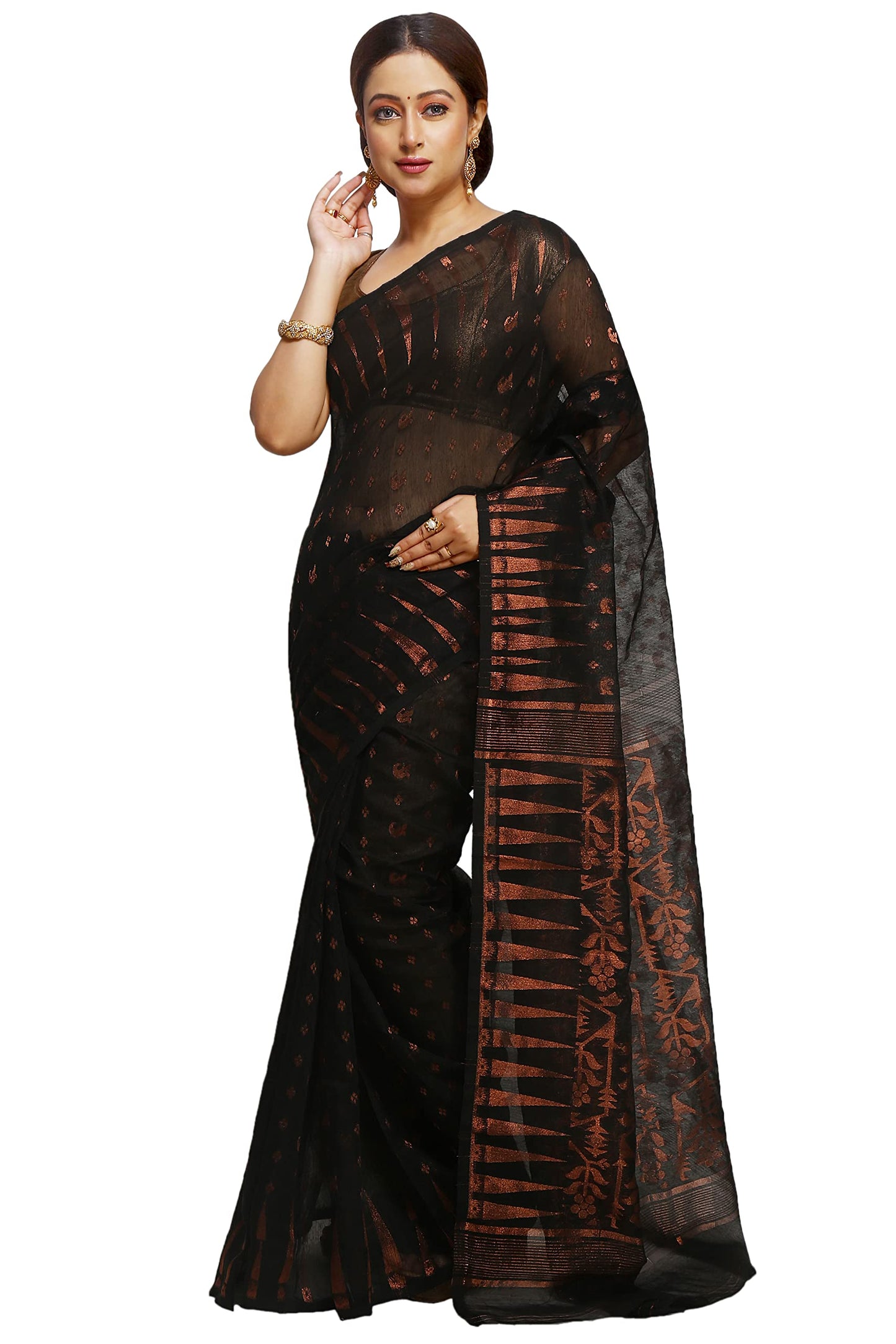 WoodenTant women’s cotton silk dhakai jamdani saree without blouse piece_Black