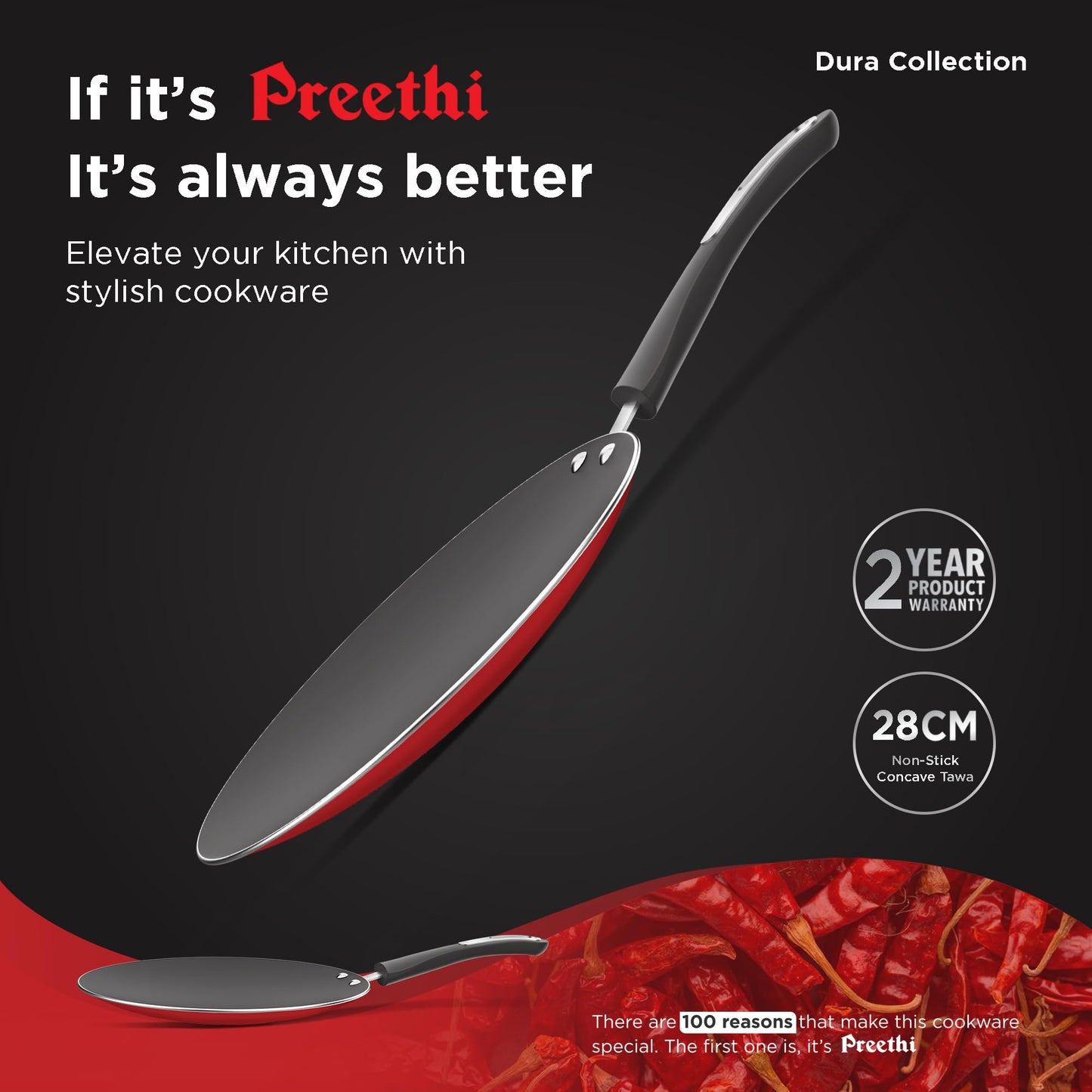 ‎Preethi Dura Collectiona Non Stick Concave Tawa, 28 cm, Gas & Induction Compatible, 5 Star Non Stick Effect, Chilly Red