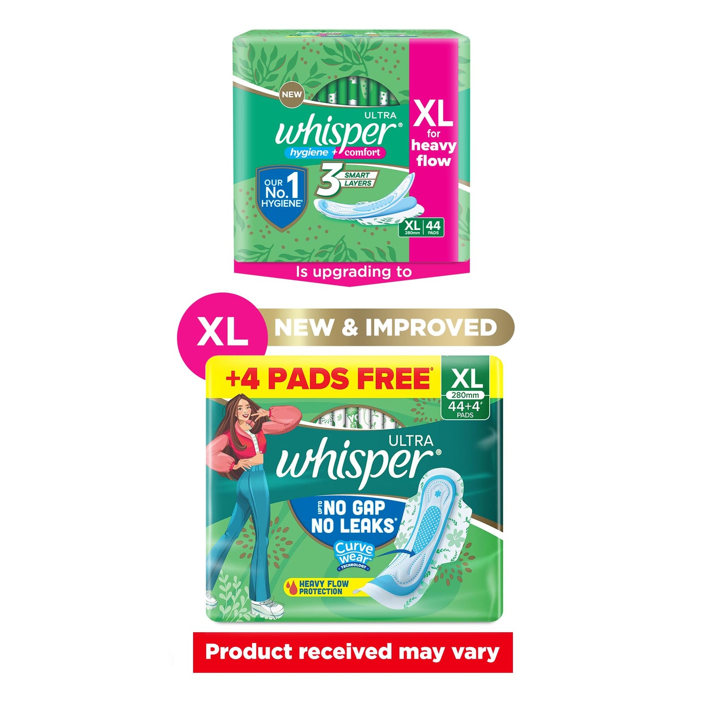 Whisper Ultra Upto No Gap No Leaks Sanitary Pads, 48 XL Pads, For Heavy Flow Protection, With CURVEWEAR™ Technology, Cotton Like Softness, Disposable Wrapper, Locks Odour & Wetness