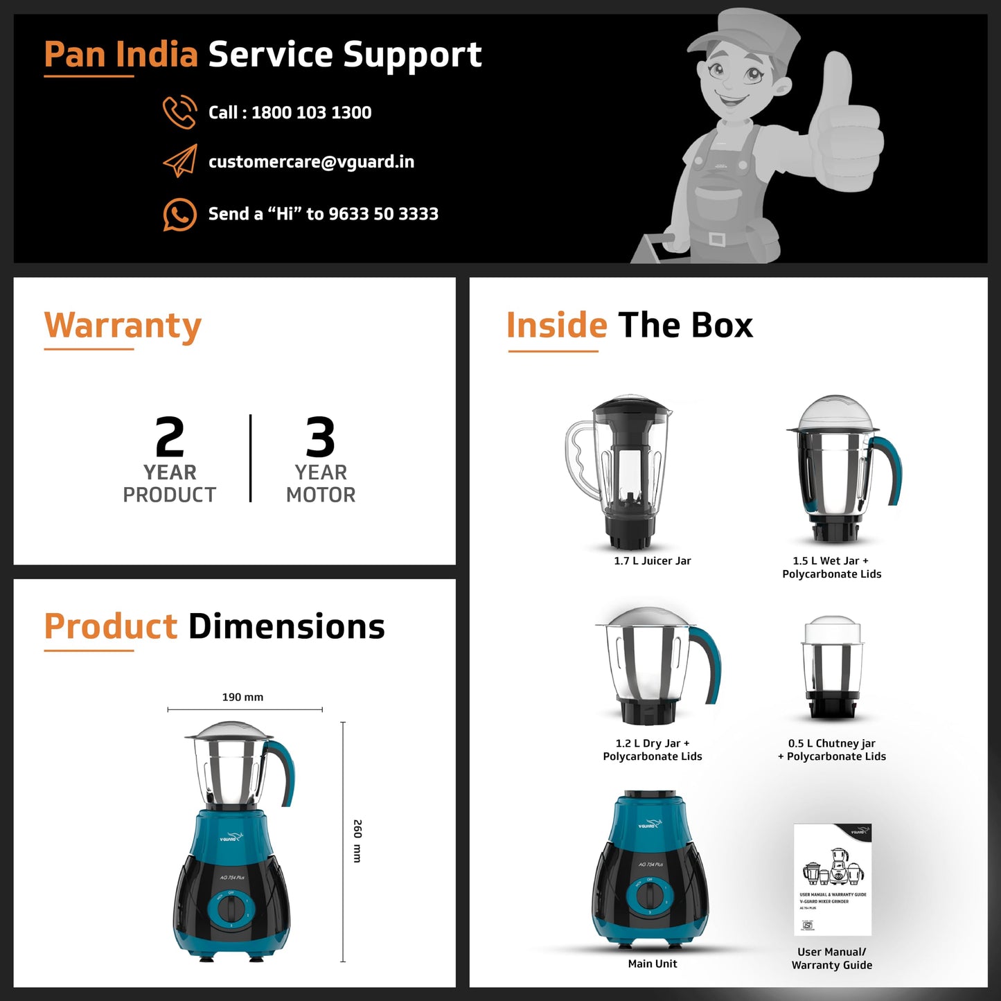 V-Guard AG 754 750 Watt Juicer Mixer Grinder, 3 Year Motor Warranty By V-Guard,4 Jars(Chutney, Dry, Wet & Juicer), Sturdy Juicer Jar with QuadraFlow Design, PrecisionBlend SS Blades, Blue-Black