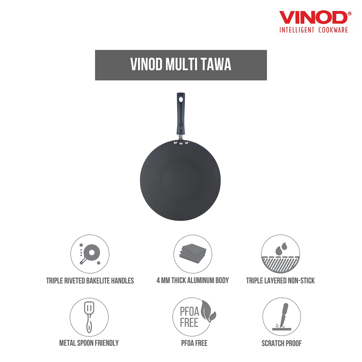 Vinod Zest Aluminium Non Stick Flat Multi Tawa - 32.5 cm | Triple Layer Ceramic Coating | 4mm Extra Thick Roti Tawa | Bakelite Handle | Gas and Induction Base | 1 Year Warranty