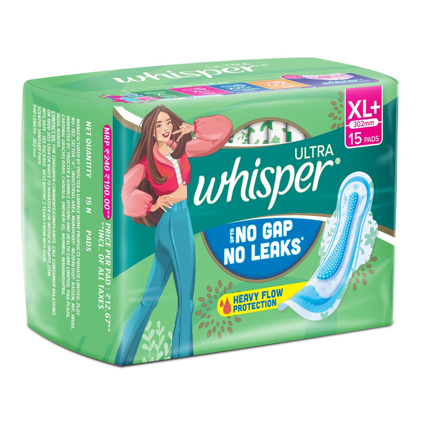 WHISPER ULTRA HYGIENE+COMFORT SANITARY PADS, 15 XL+ PADS, FOR HEAVY FLOW, LONG LASTING PROTECTION, LOCKS ODOUR & WETNESS, DRY TOP SHEET, DISPOSABLE WRAPPER
