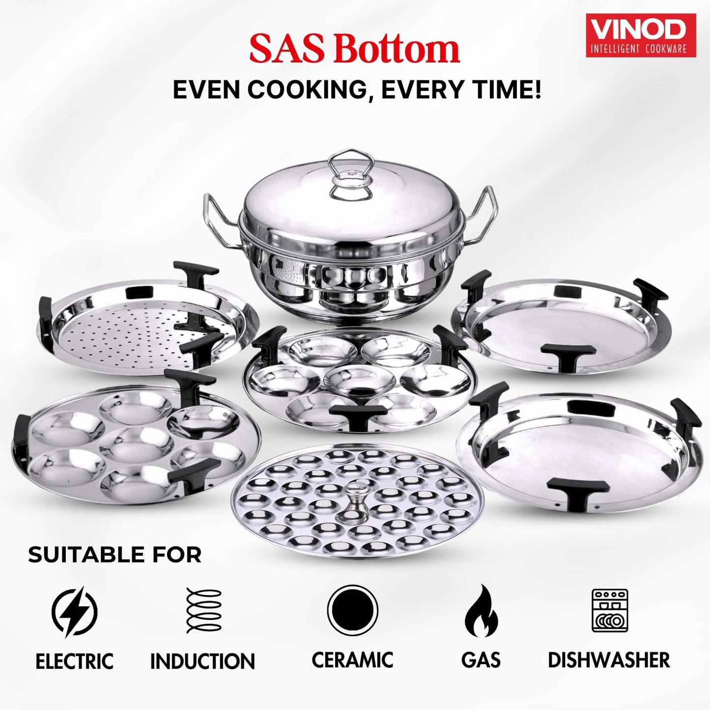 Vinod Stainless Steel Deluxe Multi Kadai with 6 Plates - 26cm, 2 Idli, 2 Dhokla,1 Patra and 1 Mini Idli Plate | Dhokla and Momos Steamer, Maker,Induction Friendly