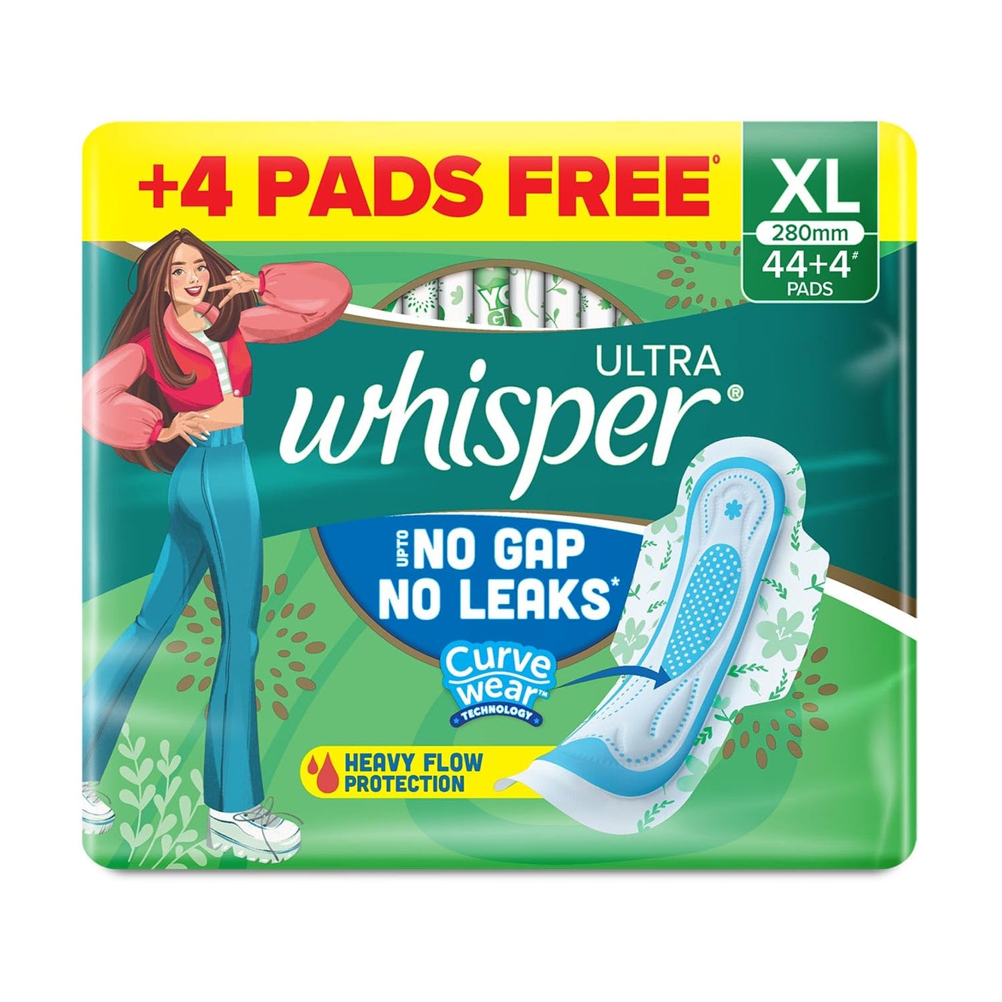 Whisper Ultra Upto No Gap No Leaks Sanitary Pads, 48 XL Pads, For Heavy Flow Protection, With CURVEWEAR™ Technology, Cotton Like Softness, Disposable Wrapper, Locks Odour & Wetness