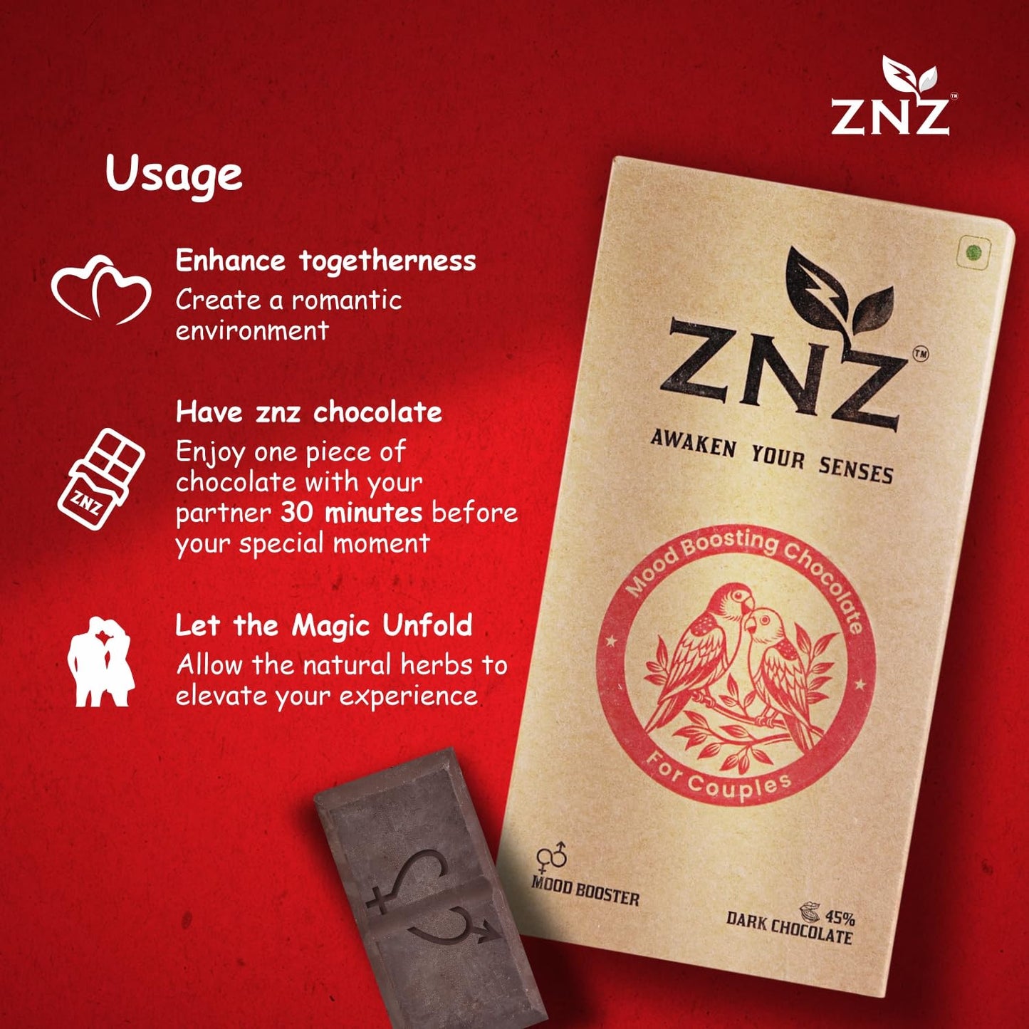 ZNZ Premium Dark Chocolate for Uplifting Mood & Wellness | Vegan & Gluten-Free Delight | Valentine's Gift for Men & Women | Ideal for Couples | Vegan and Guilt free Delight | 60g (Pack of 1)